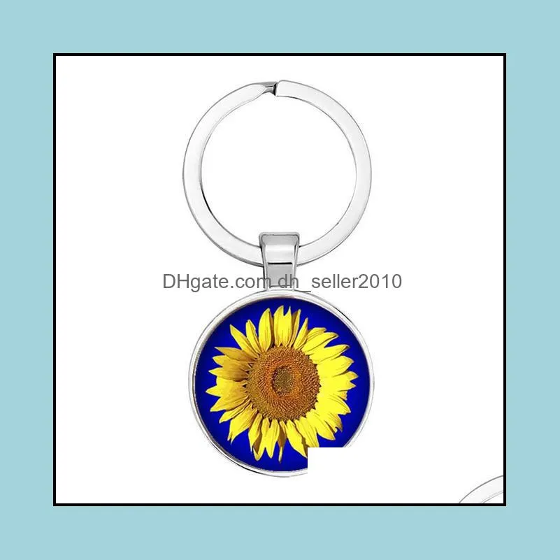 Sunflower Keychain Colorful Round Flower Image Car Key Chain Bag Charm Metal Key Ring Gift Female Girl Women men