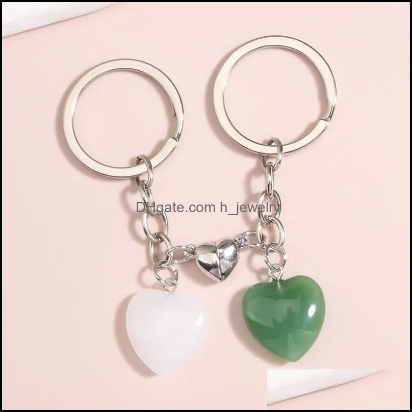 2PCS/Set Lover Keychain Design Natural Crystal Quartz Stone Heart Key Ring Magnetic Button Key Chains For Couple Friend Gifts DIY