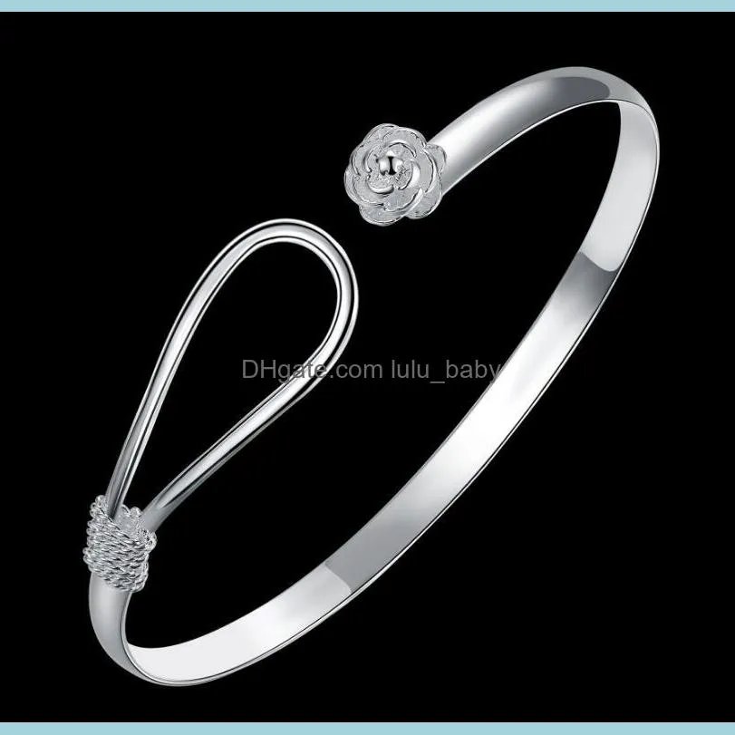 6Pcs Holiday Gift Shiny Unique Rose Flower Pure 925 Sterling Silver Open Adjustable Bracelets Bangles Russia Bangles