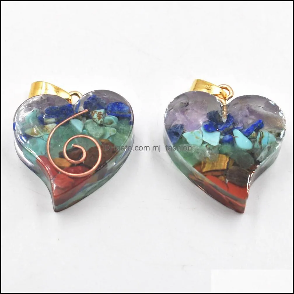 Retro Colorful Natural 7 Colors Stone Resin Heart Shape Charms Pendants Wholesale for Necklace Jewelry Making