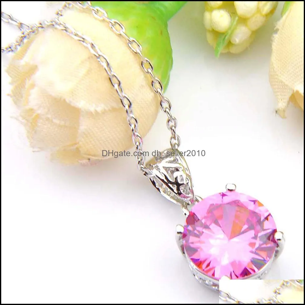 5 Pcs Charm Fashion Vintage Round Garnet Morganite Topaz Gemstone Sliver Colored CZ Pendant & Necklaces For Women - Free