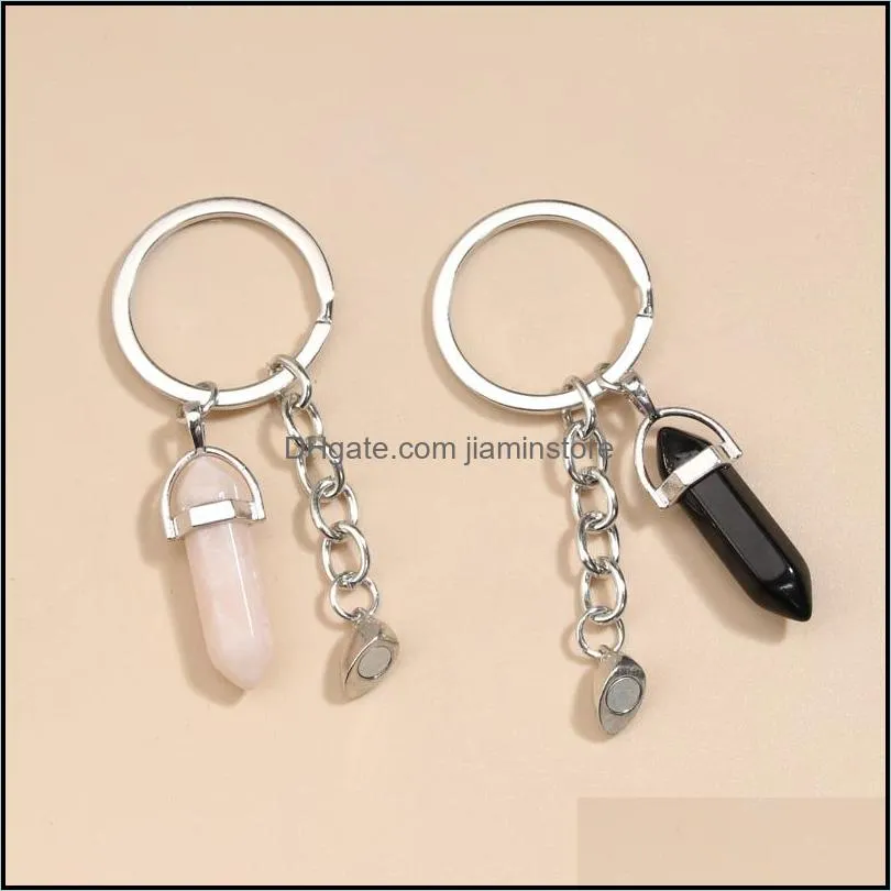 Natural Crystal Rose Quartz Stone Key Ring Love Heart Magnetic Button Keychains For Couple Friend Gifts DIY Handmade Jewelry Keyrings