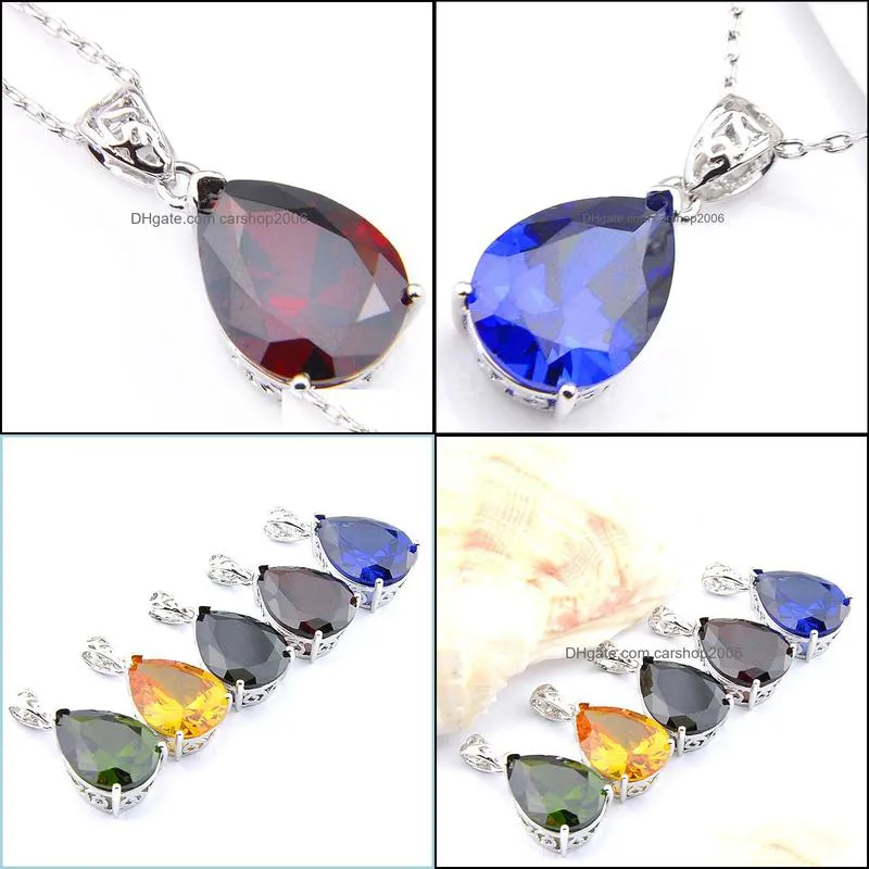 Mix 5PCS Rainbow New 925 sterling Silver Teardrop Peridot Citrine Black Onyx Gemstone Necklaces Pendants For Lady Party