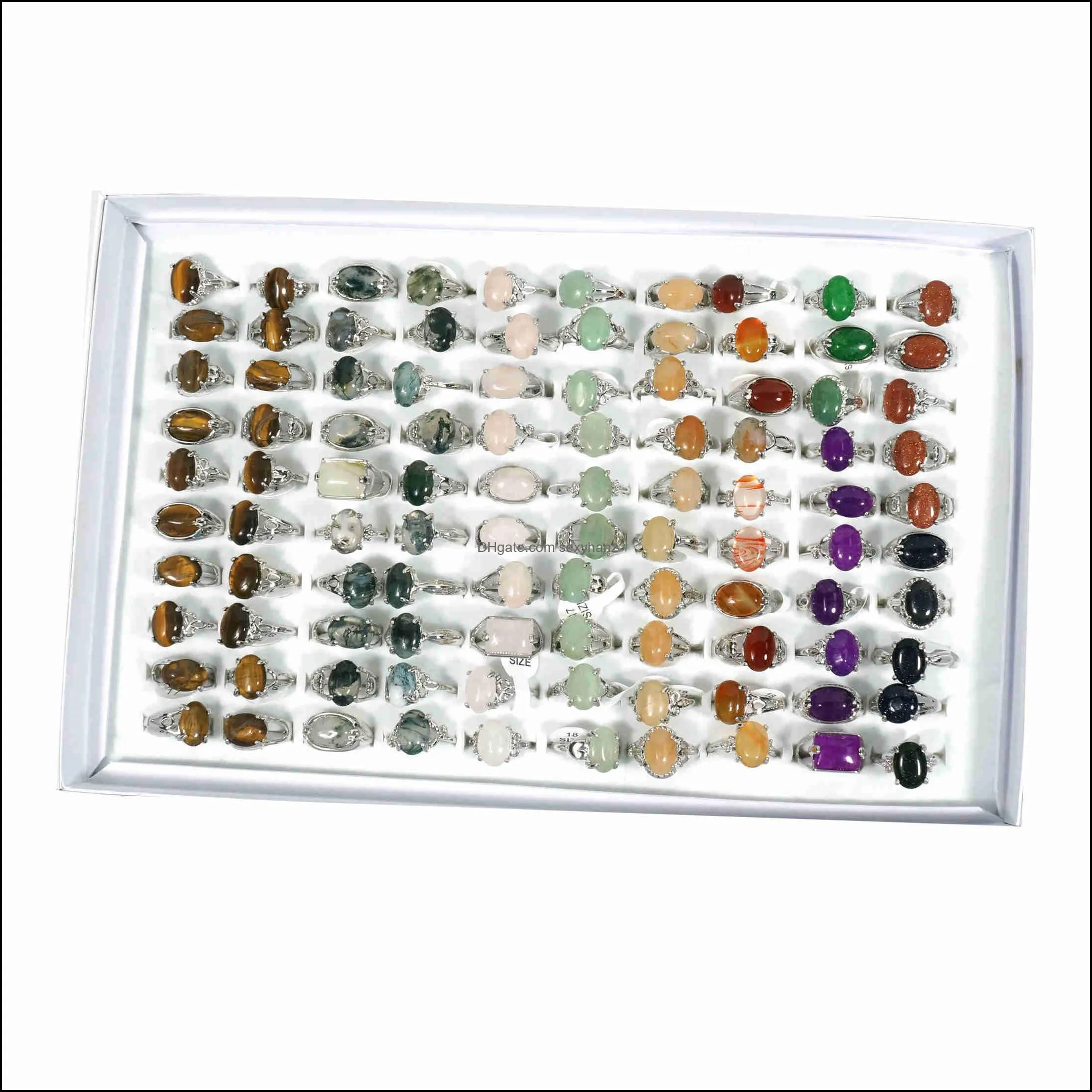 100 Pieces Box Mix Crystal Rings Bulk Wholesale Stone Healing Jewelry For Women Tiger Eye Moss Agate Rose Quartz Aventurine Red Grey