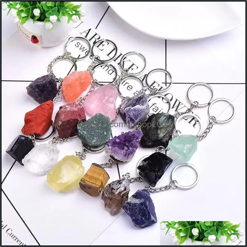 Natural Freeform Rough Stone Quartz Keychain Ring For Women Men Handbag Hangle Car Key Holder Raw Mineral Stones Keyring Jewelry