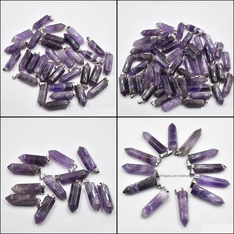 Natural Stone Amethyst Hexagon Prism Shape Charms Pendants for Healing Crystals Stones Jewelry Making