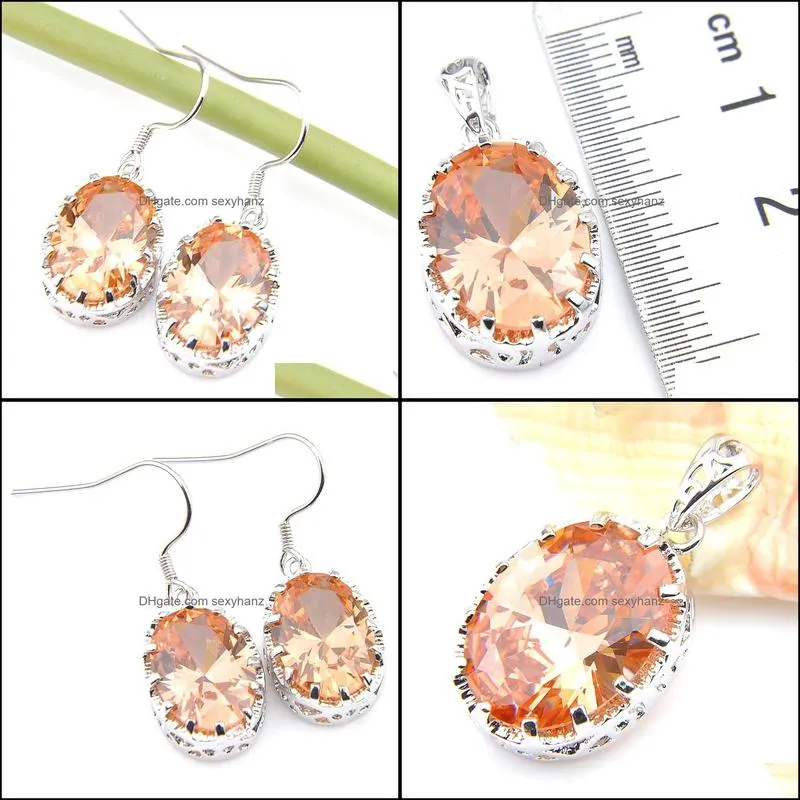 New Fashion 2 Pieces 1 Set Oval Champagne Morganite Gemstone Women`s Jewelry Gift Excellent Charm Earrings Pendants Jewelry Sets