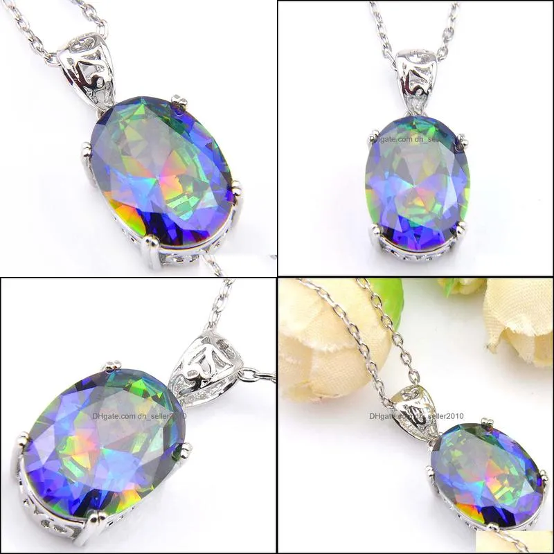 6Pcs/Lot Holiday gift Oval Rainbow Blue Mystical Topaz Gemstone 925s Silver Necklaces Cz Pendants Jewelry Unisex