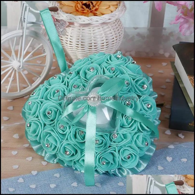 party decoration rose flower heart-shape ring box pearl rhinestone jewelry gift case romantic valentine`s day wedding pillow cushion