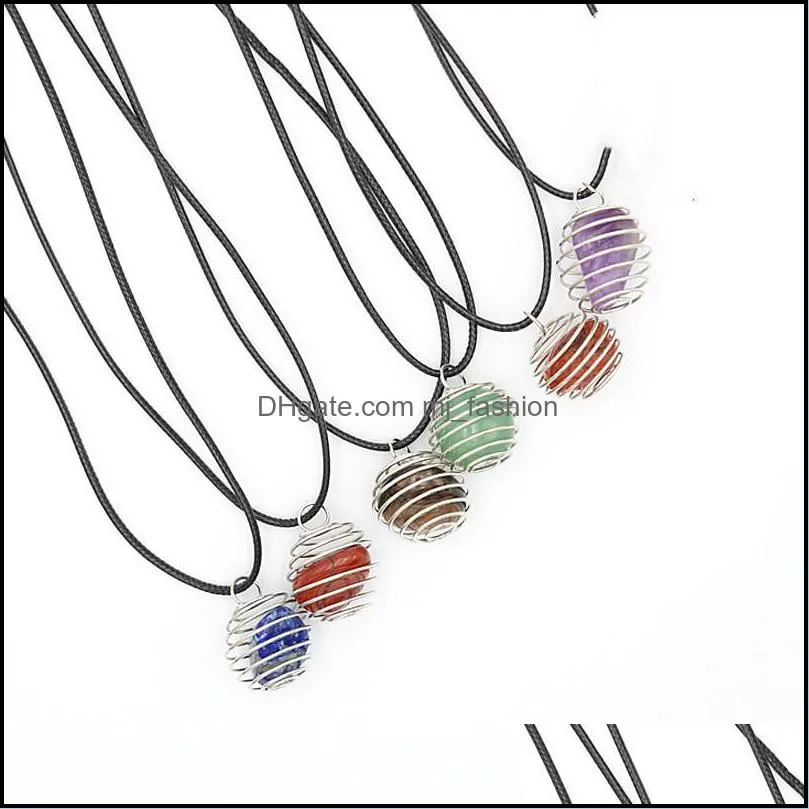 Gold Siver Alloy Spring Cage Stone Pendant Chakra Rose Tiger Eye Irregular Stones Rope Chain Necklaces Wholesale Energy Pendants Necklace