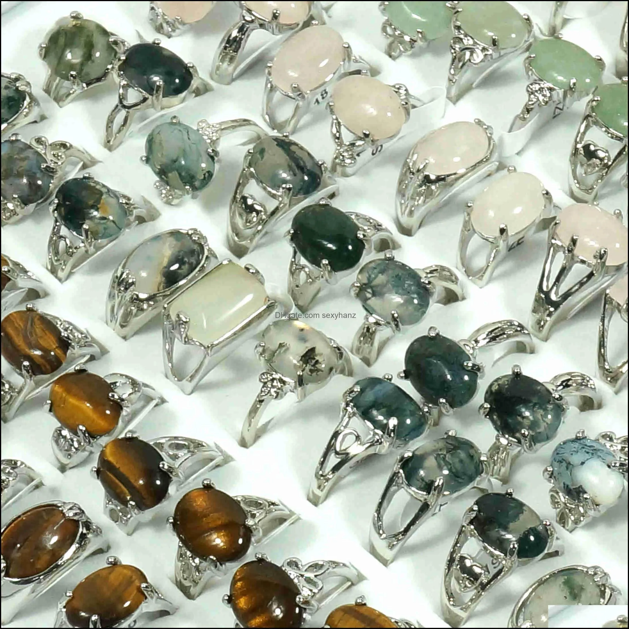 100 Pieces Box Mix Crystal Rings Bulk Wholesale Stone Healing Jewelry For Women Tiger Eye Moss Agate Rose Quartz Aventurine Red Grey