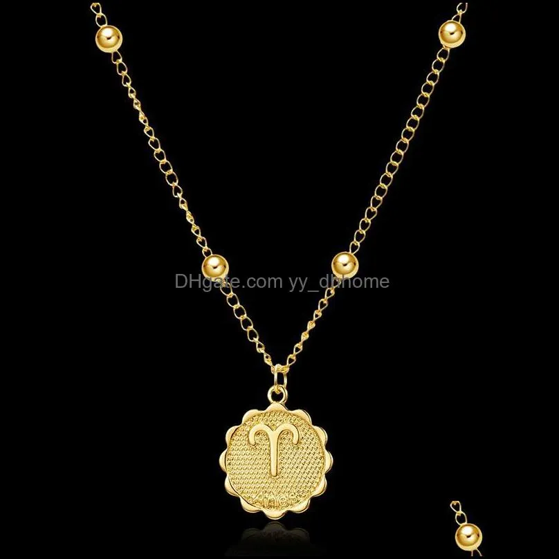 12 Zodiac Sign Necklaces Gold Round Coin Pendant Constellation Necklace for Women Fashion Jewelry Birthday Gift