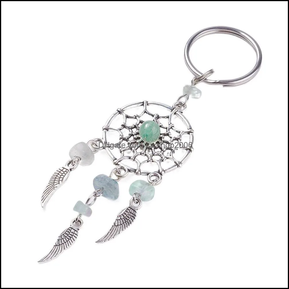 Crystal Chips Dream Catchers Metal Tassel Wings Healing Keychain Keyring Pink Quartz Amethyst Green aventurine