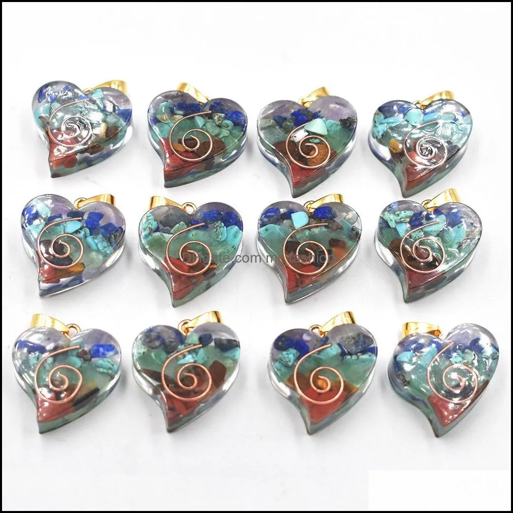 Retro Colorful Natural 7 Colors Stone Resin Heart Shape Charms Pendants Wholesale for Necklace Jewelry Making