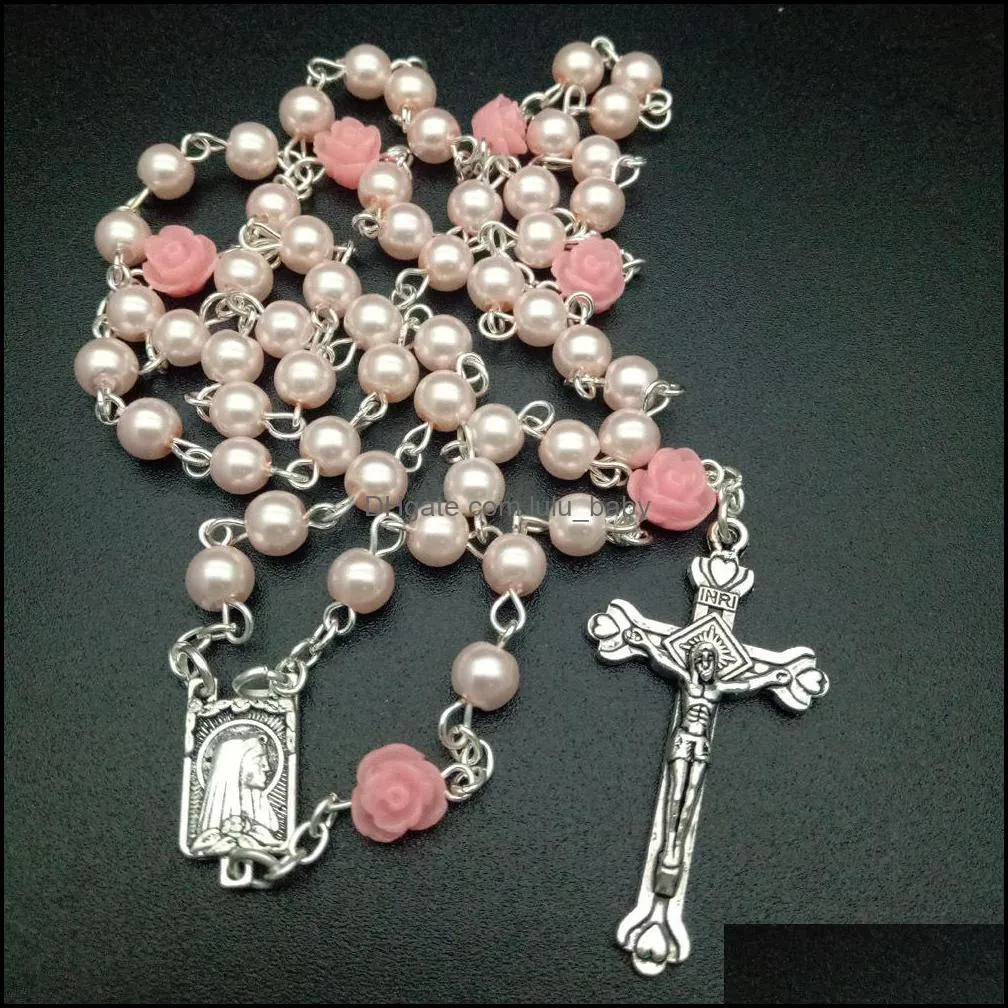 6mm Occhiali Di Perle Perline Crocifisso Croce Per Uomini Donne Rosario Perline Battesimo Cattolico Regali