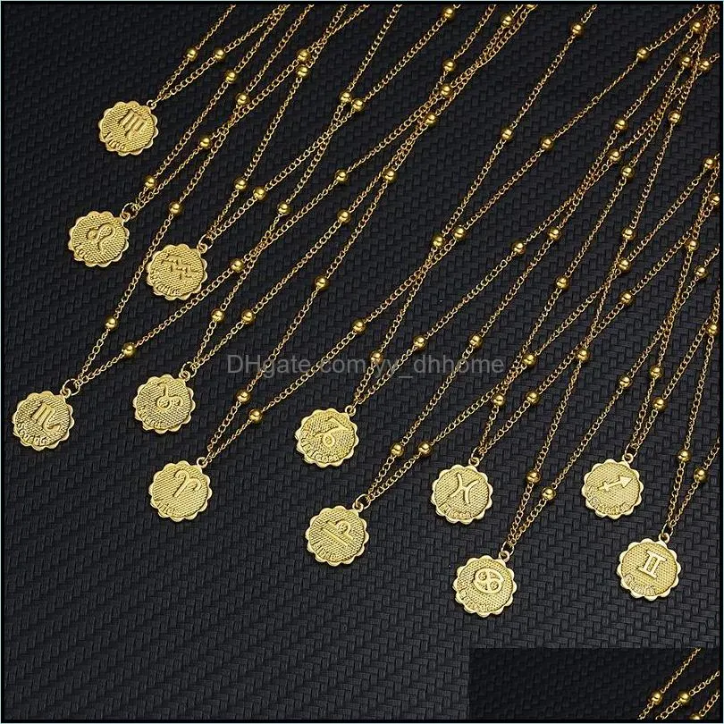 12 Zodiac Sign Necklaces Gold Round Coin Pendant Constellation Necklace for Women Fashion Jewelry Birthday Gift