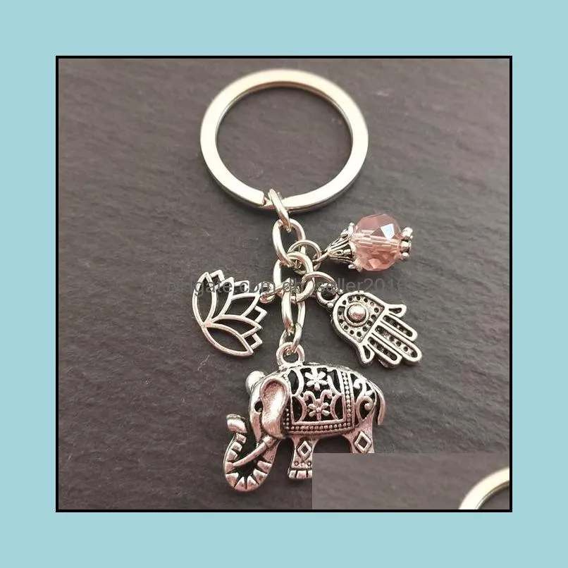 1pc Tribal Ethnic Keychains Unique Bohemia Gift Key Holder Lotus Jewelry Hand Elephant Car Keychain For Women