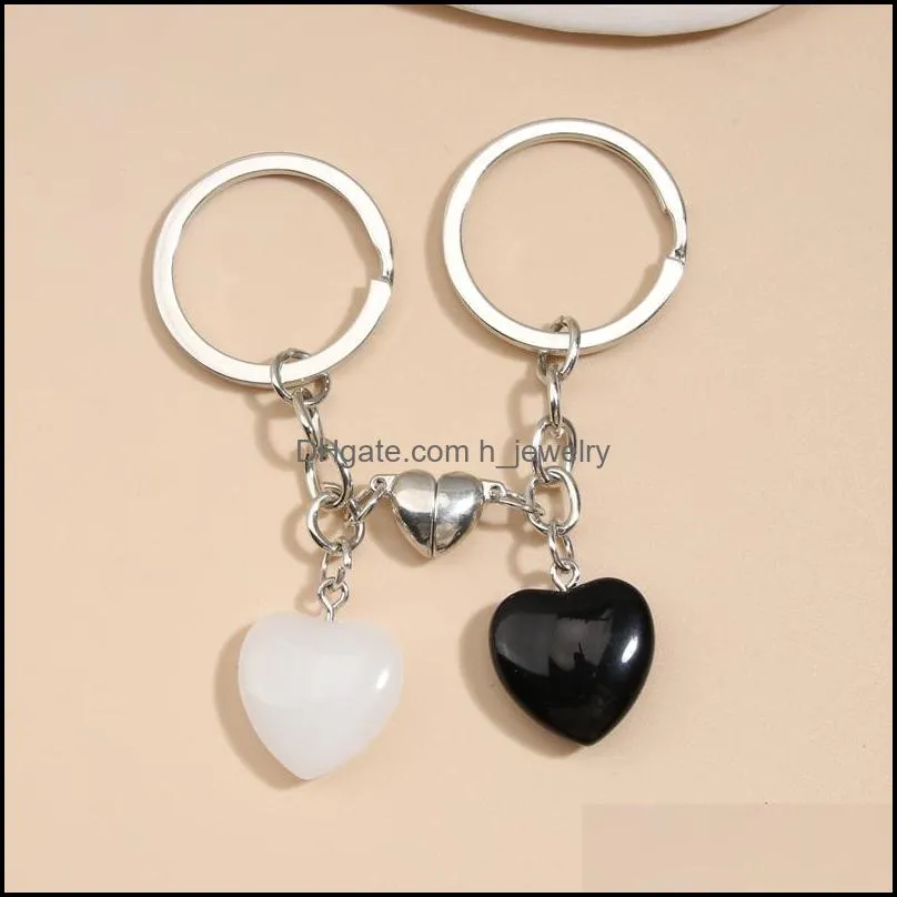 2PCS/Set Lover Keychain Design Natural Crystal Quartz Stone Heart Key Ring Magnetic Button Key Chains For Couple Friend Gifts DIY