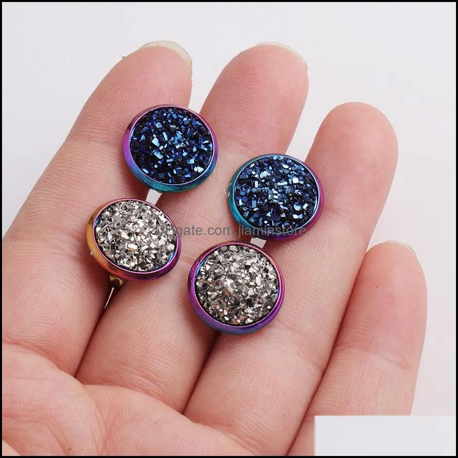 Rainbow Color Stainless Steel Stud 8mm 10mm 12mm Resin Druzy Drusy Earrings Handmade Stud for Women Jewelry Men