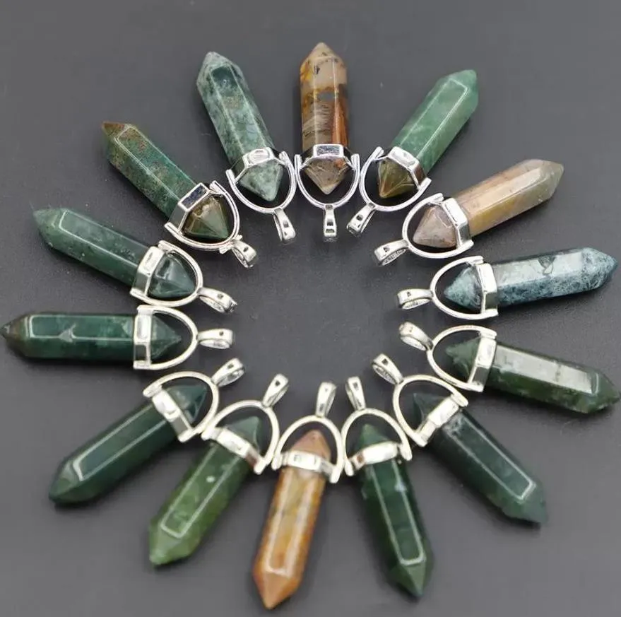 Natural Stone Charms India Agate Hexagon Pillar Point Pendants Reiki Crystal Jewelry Making Necklace Accessories Wholesale