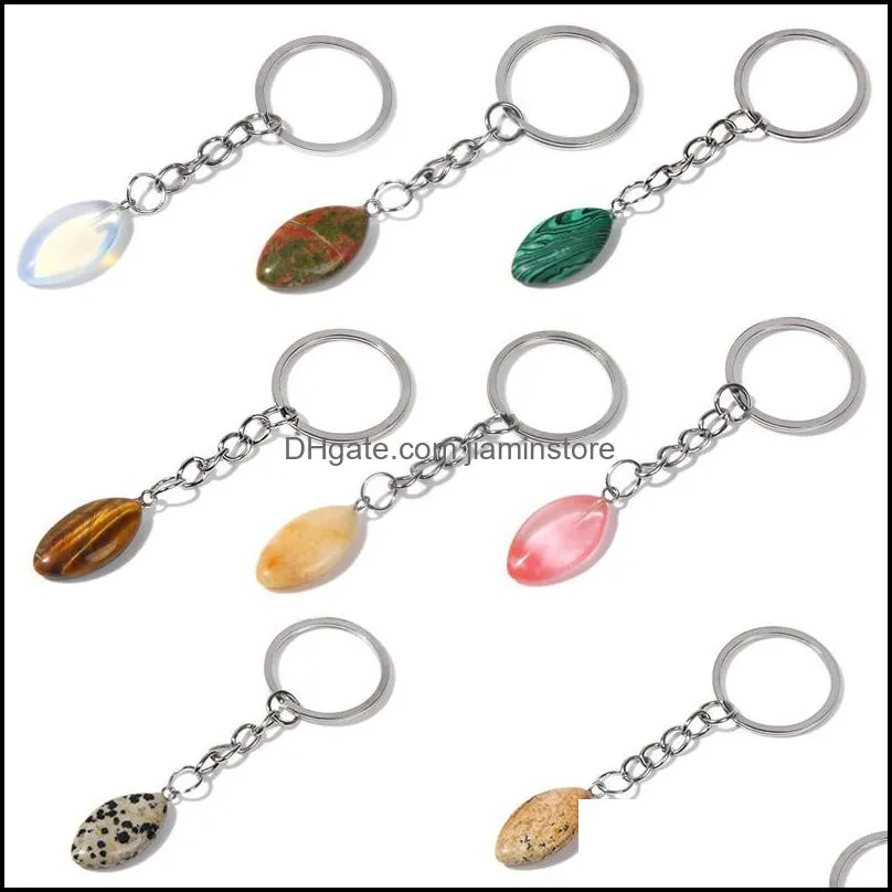 Oval Leaf Natural Stone Keychain Agates Pendant Key Ring For Women Men Car Key Holder Handbag Hangle Accessories Jewelry