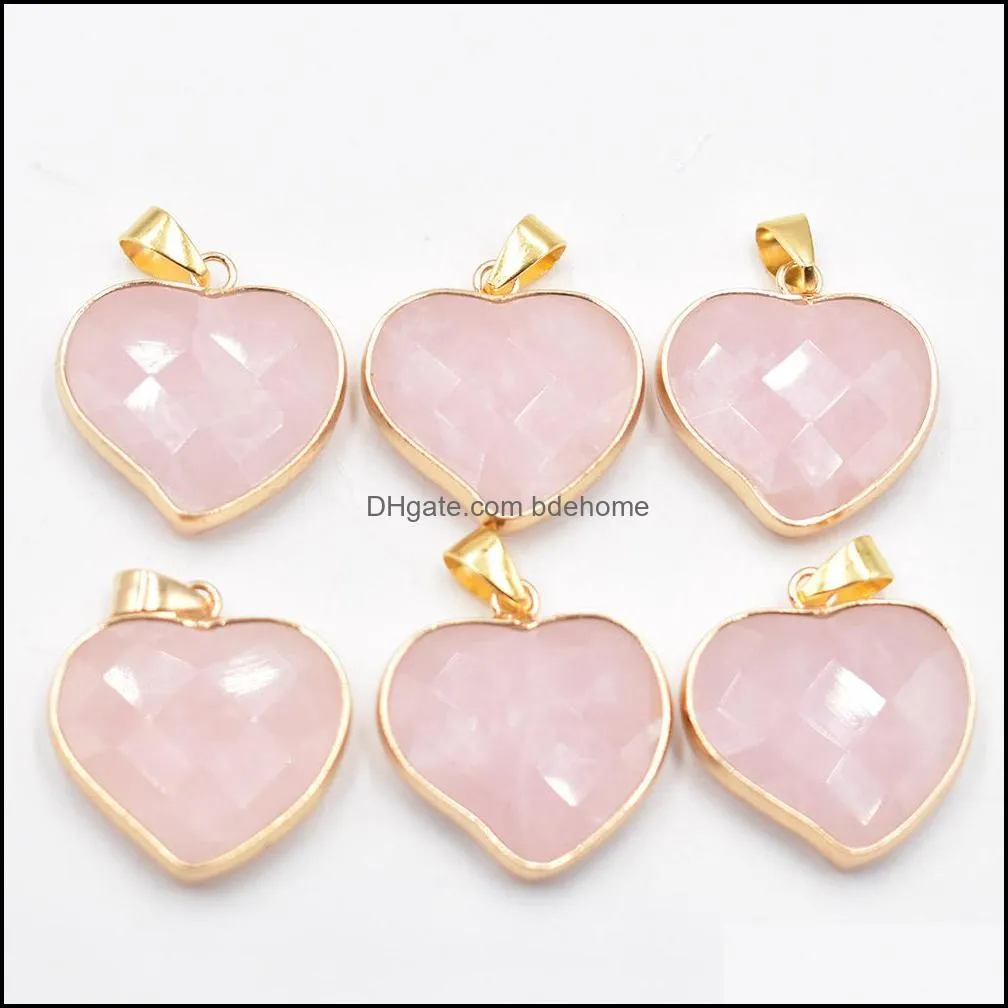 Gold Side Natural Crystal Heart Stone Pendant 25mm Charms Rose Quartz Purple Pendants for Jewelry Making