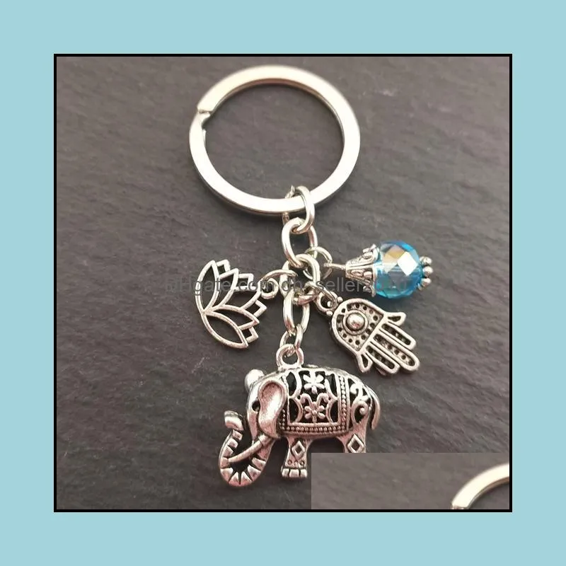 1pc Tribal Ethnic Keychains Unique Bohemia Gift Key Holder Lotus Jewelry Hand Elephant Car Keychain For Women