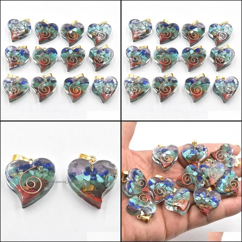 Retro Colorful Natural 7 Colors Stone Resin Heart Shape Charms Pendants Wholesale for Necklace Jewelry Making