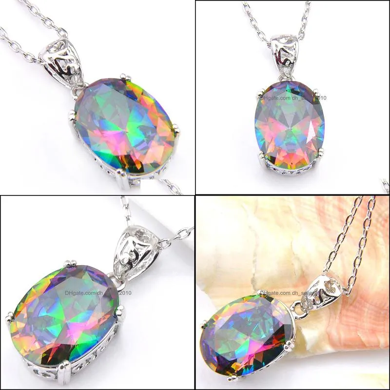 6Pcs/Lot handmade Natural Oval Rainbow Mystical Topaz Gems Pendants Romantic Valentine`s Gift Silver Pendant Necklaces For