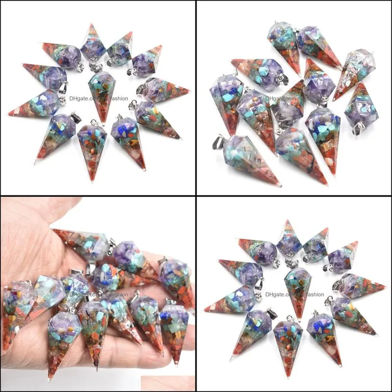 7 Chakras Resin Hexagon Pointed Cone Charms Pendant Pendulum For DIY Jewelry Making Necklaces wholesale