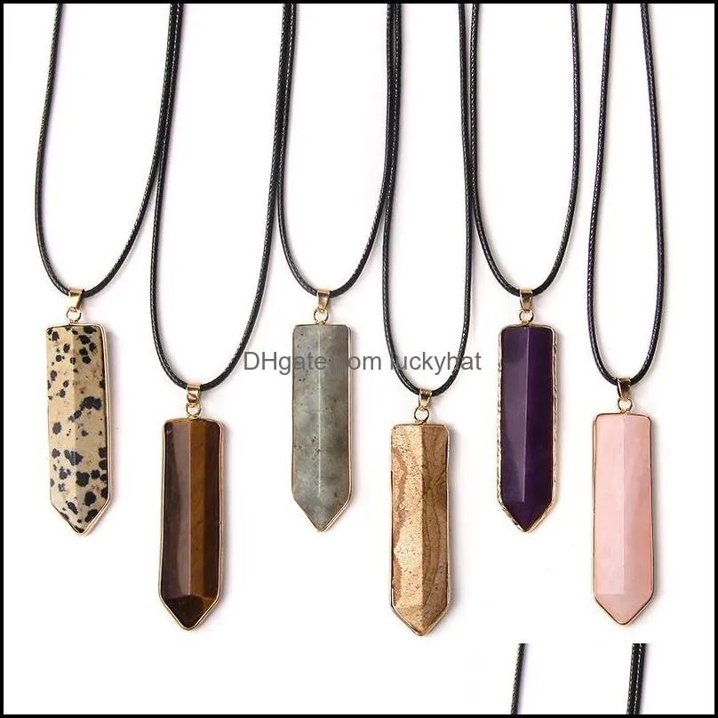 Gold Edged Natural Crystal Stone Hexagon Prism Shape Necklace Rose Quartz Hexgonal Pendant Necklace for Women Men Jewelry Gifts