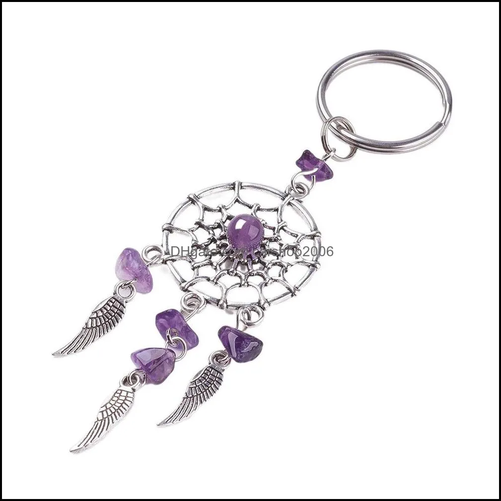 Crystal Chips Dream Catchers Metal Tassel Wings Healing Keychain Keyring Pink Quartz Amethyst Green aventurine