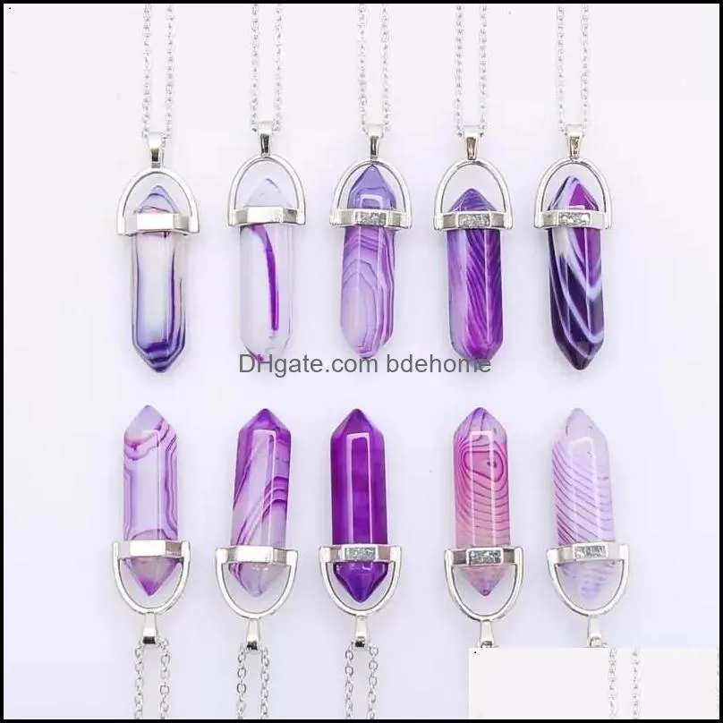 Purple Blue Rose Pink Stripe Agate Pendants Stone Pillar Shape Charms Point Chakra Necklace for Women Men wholesale