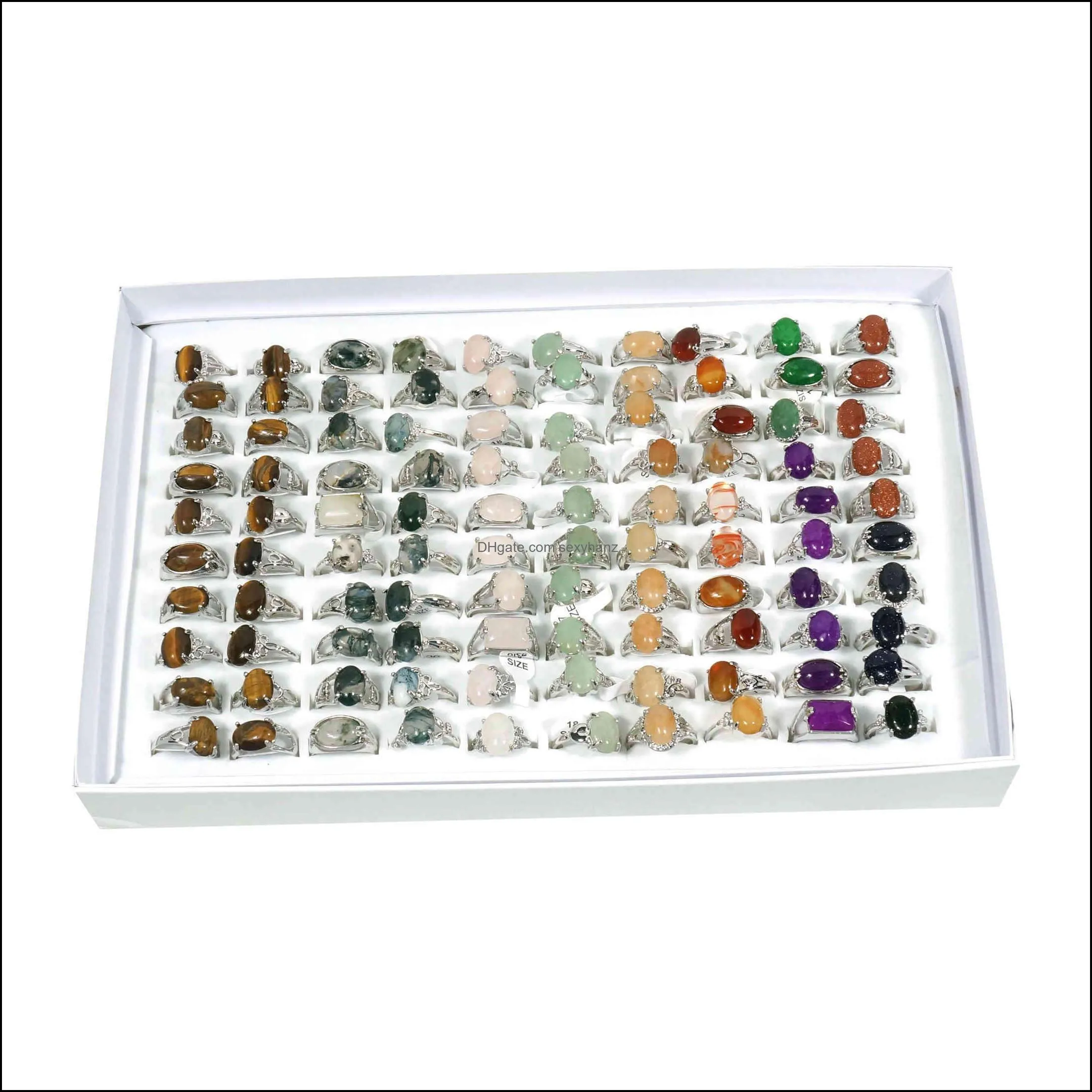 100 Pieces Box Mix Crystal Rings Bulk Wholesale Stone Healing Jewelry For Women Tiger Eye Moss Agate Rose Quartz Aventurine Red Grey