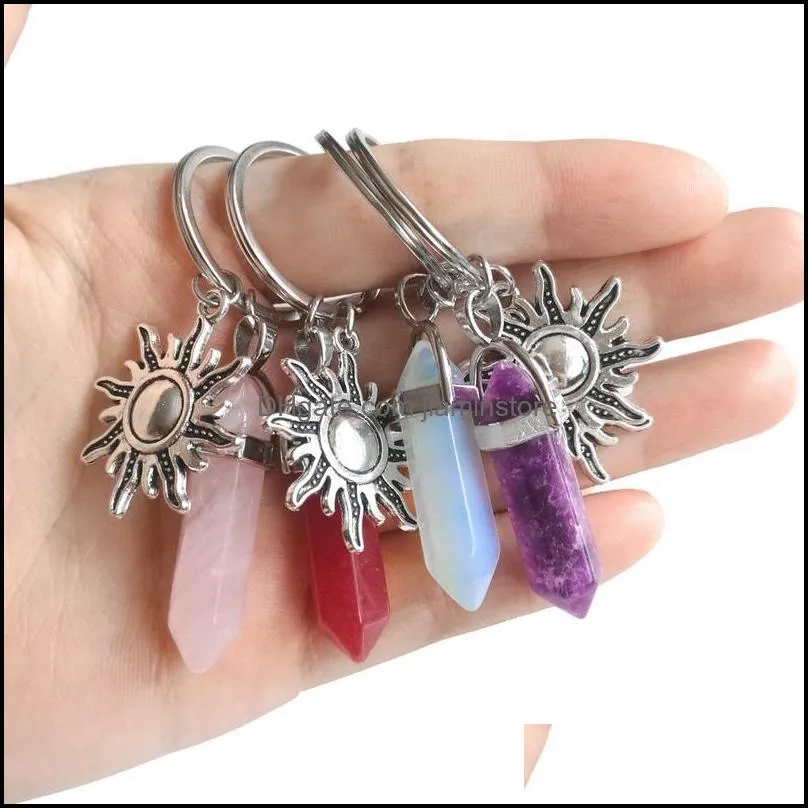 Alloy Sun Moon Charms Keychain Natural Stone Hexagonal Pillar Couple Keyrings Women Rose Quartz Key Chains Trinket Wedding Party Lovers