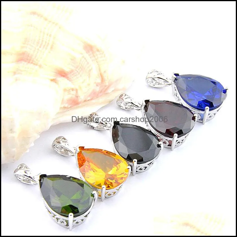 Mix 5PCS Rainbow New 925 sterling Silver Teardrop Peridot Citrine Black Onyx Gemstone Necklaces Pendants For Lady Party