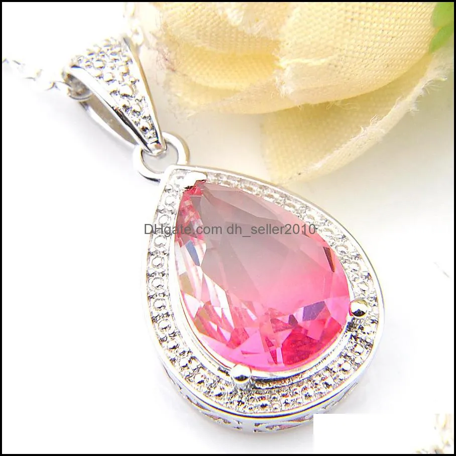 Wholesale 12 Pcs/Lot multi-color Bi colored Tourmaline Water Drop Vintage Silver Gems Pendants 925 sterling silver Necklace For Women