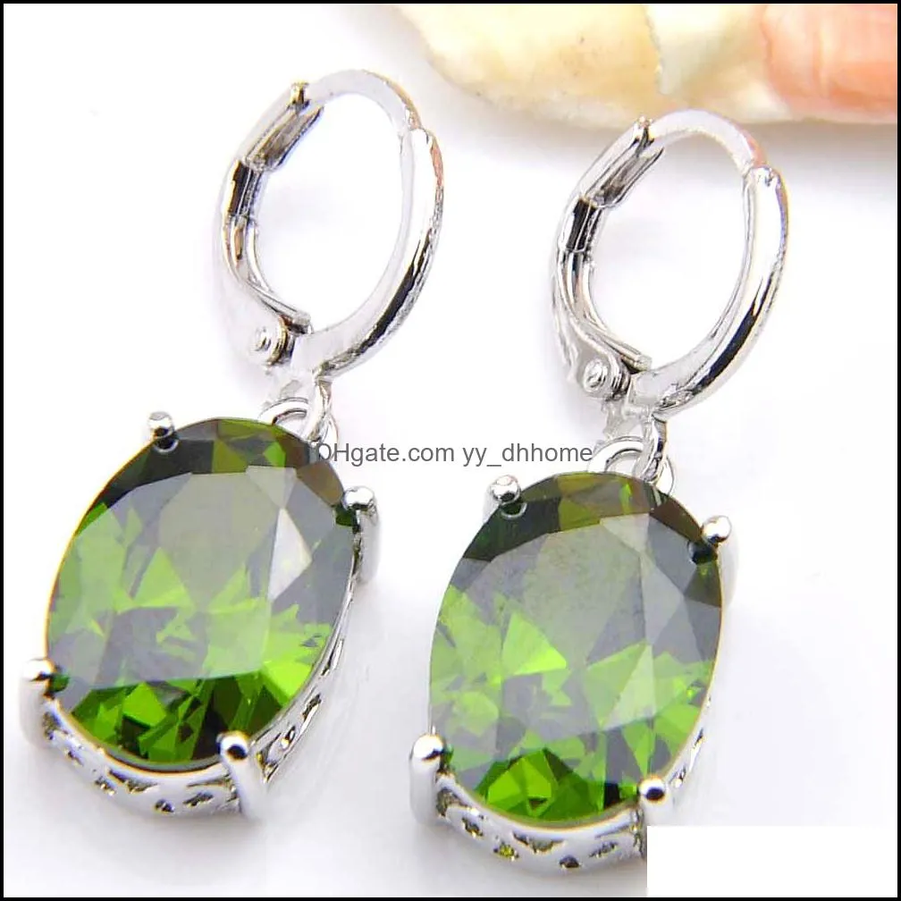 Fashion 6 Sets/Lot Oval Crystal Olive green Cubic Zirconia Gems 925 Silver Pendants Necklace Earring Weddings Jewelry Sets