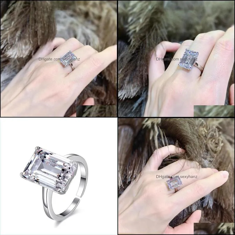 Solitaire Emerald Cut Silver Rings Promise Crystal Engagement Ring For Women