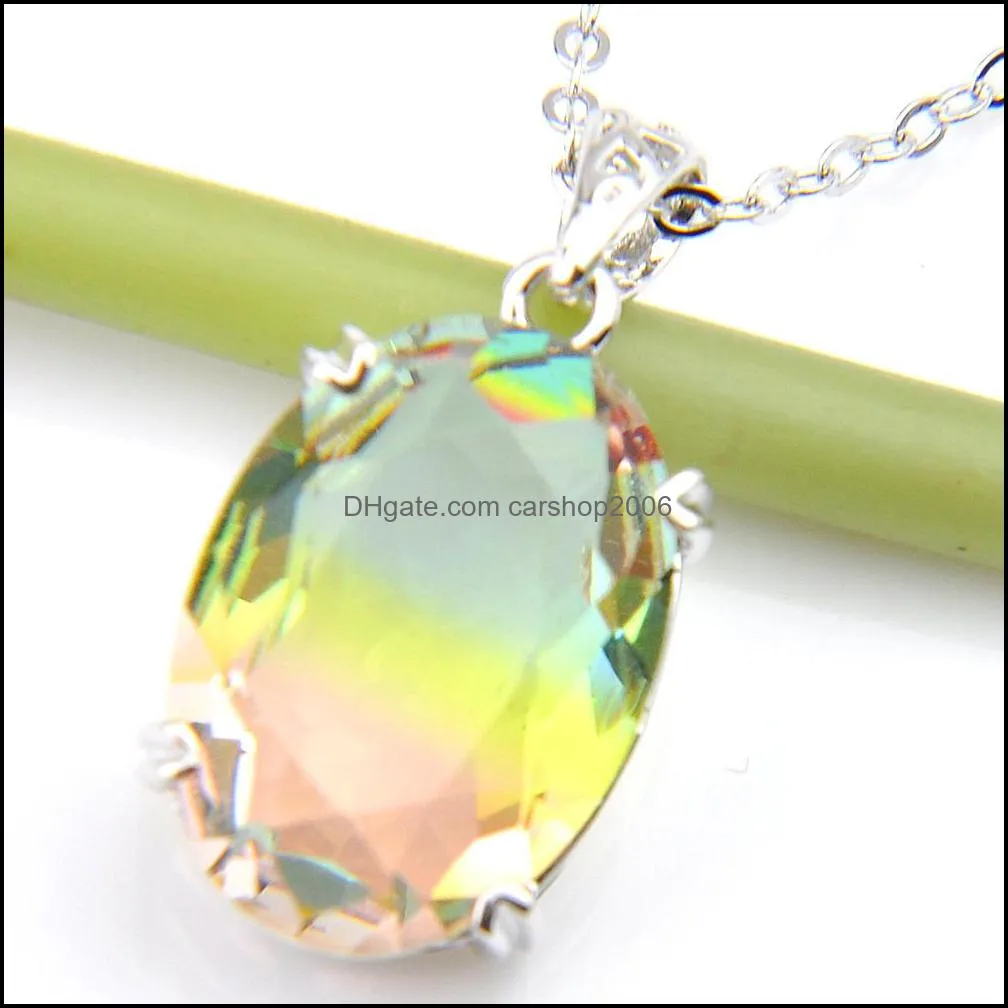 Mix 5PCS Rainbow New 925 sterling Silver Oval Rainbow Bi-Colored Blue Tourmaline Gemstone Necklaces Pendants For Lady Party