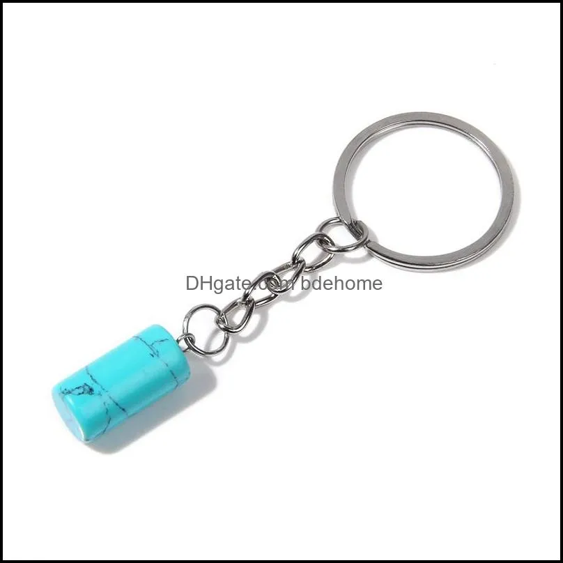 Cylinder Natural Stone Keychain Agates Pendant Key Ring For Women Men Car Key Holder Handbag Hangle Accessories Jewelry