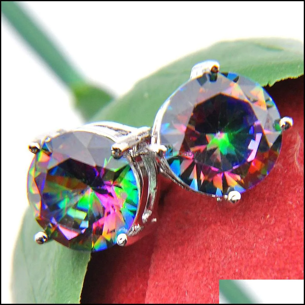 Mix Color 4Pairs /Lot Classic Round Fire Mystic Topaz Zirconia Stud Earrings Gems 925 Silver Stud Earrings for Wedding Party Holiday