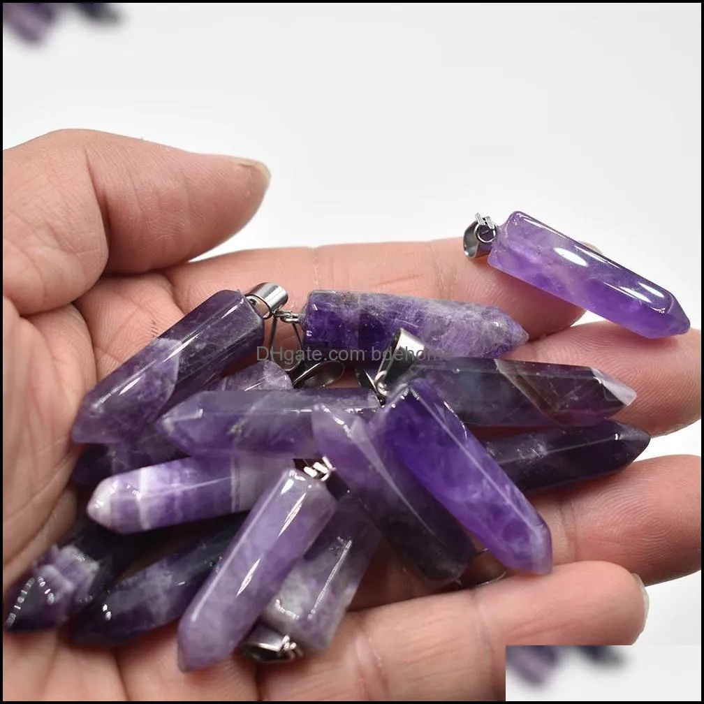 Natural Stone Amethyst Hexagon Prism Shape Charms Pendants for Healing Crystals Stones Jewelry Making