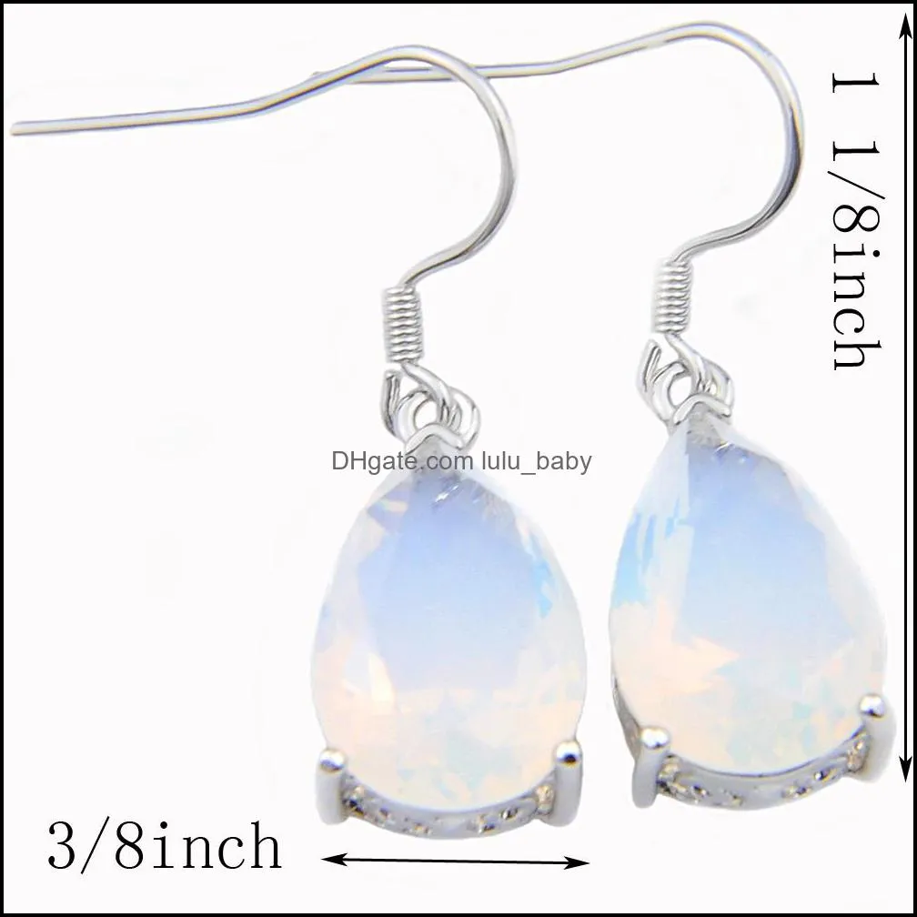 6 Pairs/ Lot Holiday Gift Ear Jewelry Teardrop Shaped White Opal Gemstone 925 Sterling Silver Plated Women Drop Wedding