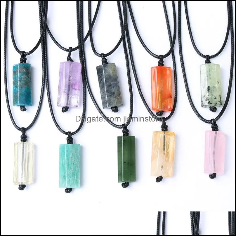 Natural Crystal Stone Slice Flat Strip Necklace Amethyst Turquoise Red Agate Amazonite Pendant Rope Necklace for Women Men Jewelry