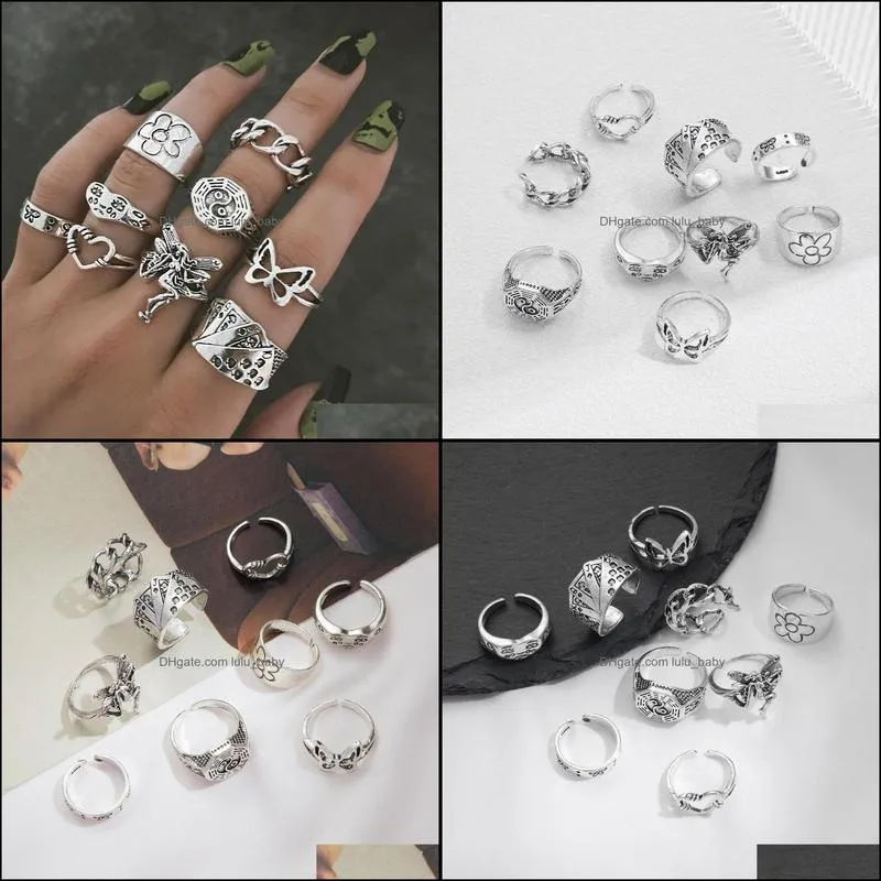 9PCS Vintage Silver Rings Set For Women Butterfly Heart Snake Stacking Ring Adjustable