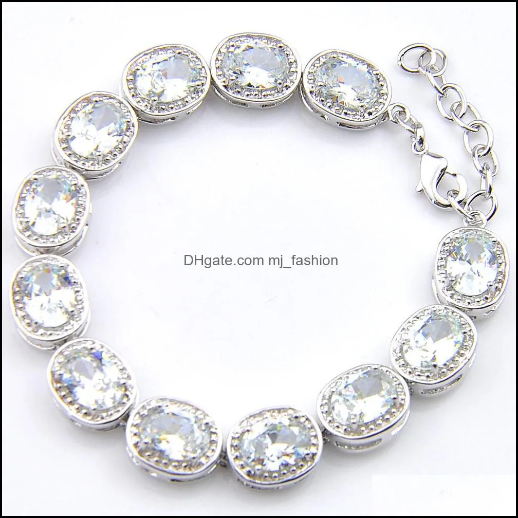 3Pieces/Set Women Weddings Jewelry Bracelet Pendants stud Earrings Sets Oval White Fire Topaz 925 Silver Necklace Fashion Bridal