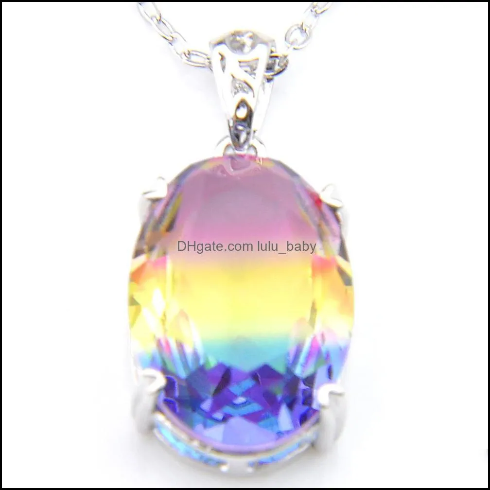 6Pcs/Lot Fashion Gorgeous Florid Mystic Rainbow Tourmaline Gems 925 Sterling Silver Plated Lady Necklace Pendants Jewelry