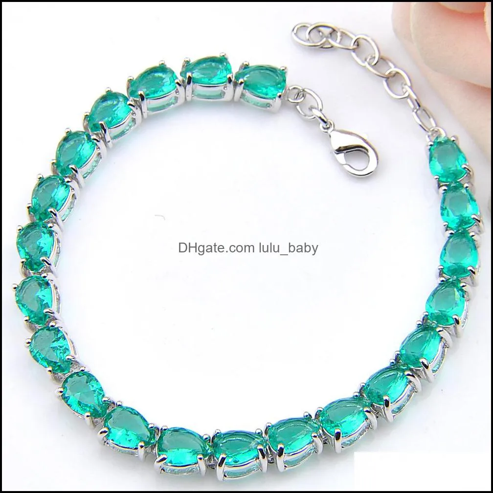 6Pcs/Lot trendy Water Drop Green Quartz Gemstone Chain Bracelet Holiday Gift Jewerly 925 sterling silver plated For Women