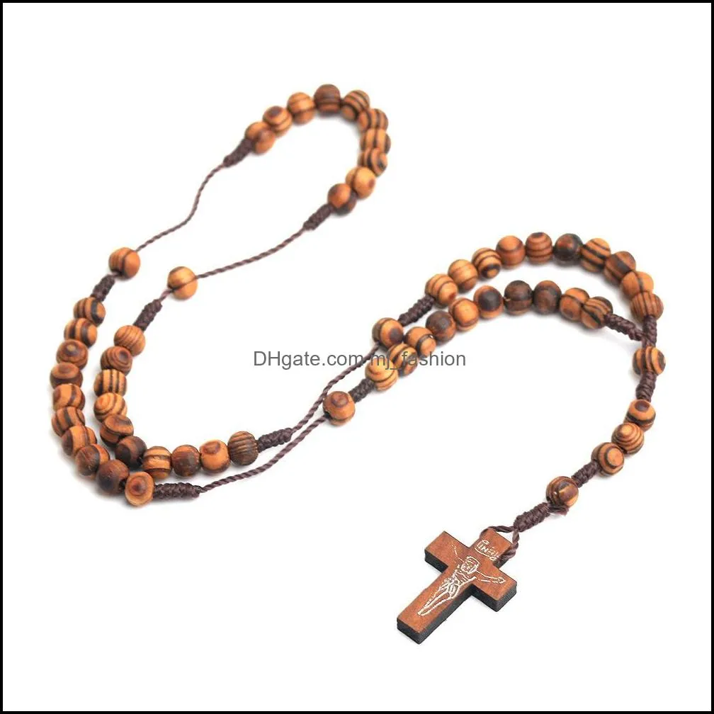 Handmade Jewelry Wholesale Natural pine BEADS HANDMADE Cross Necklace Rosary Catholic jewelry